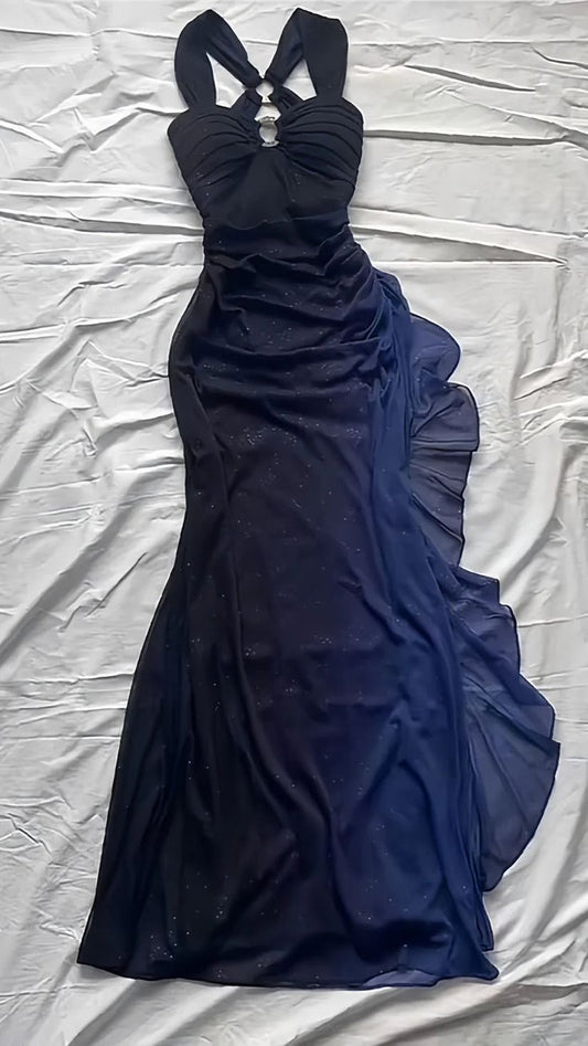 Affordable Dresses Under $160||Elegant Gradient Navy Blue Sheath Spaghetti Straps Sparkling Chiffon Prom Dress For Party,LTP4406