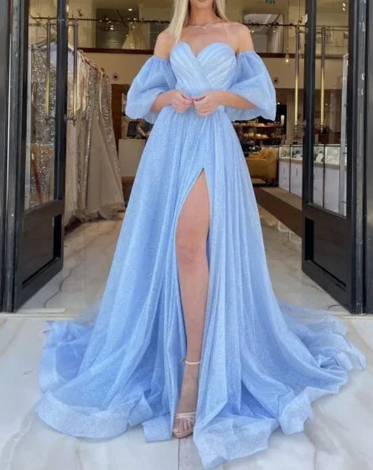 Sky Blue Sweetheart A-Line Prom Dress With Side Slit