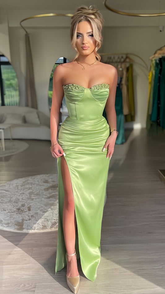 Apple Green Bodycon Party Dresses Sexy Prom Dress Beaded Slit Formal Gown,LTP4032