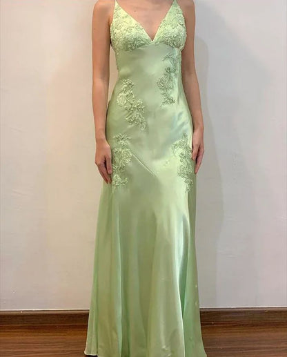 Apple Green Mermaid Long Prom Dresses Appliques Satin Evening Dress,LTP4000