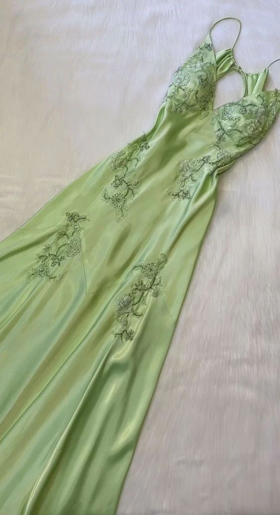 Apple Green Mermaid Long Prom Dresses Appliques Satin Evening Dress,LTP4000