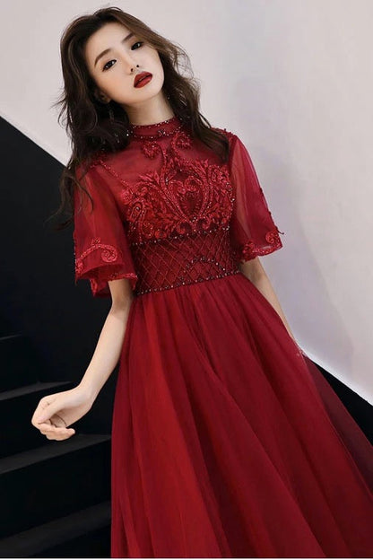 Burgundy Lace Beaded Prom Dress - Mid Sleeve Tulle Formal Gown