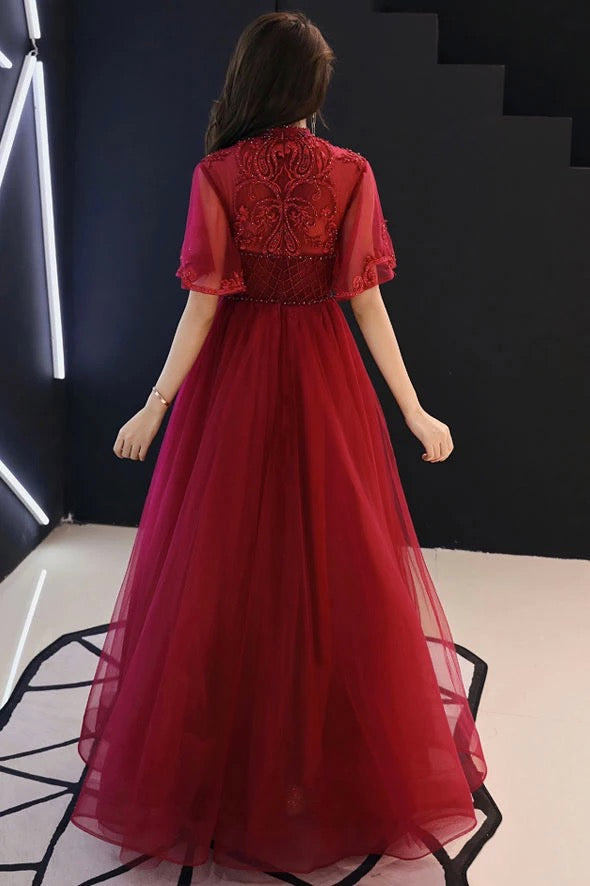 Burgundy Lace Beaded Prom Dress - Mid Sleeve Tulle Formal Gown