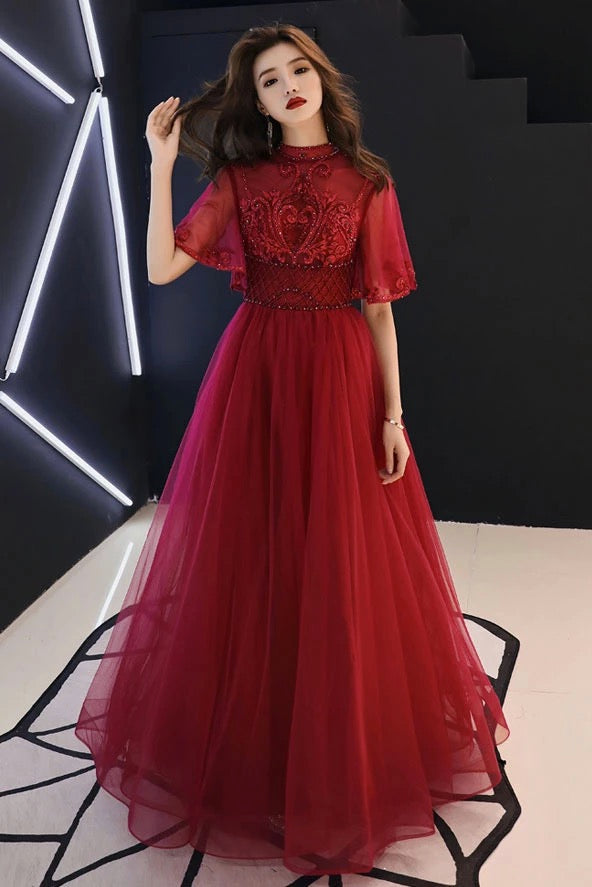 Burgundy Lace Beaded Prom Dress - Mid Sleeve Tulle Formal Gown