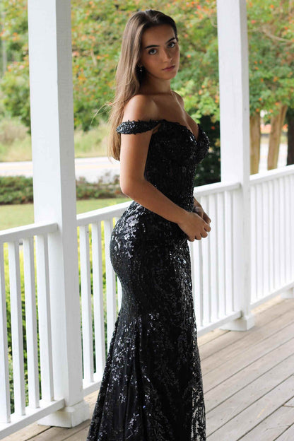 Off The Shoulder Lace Sequins Long Prom Dress