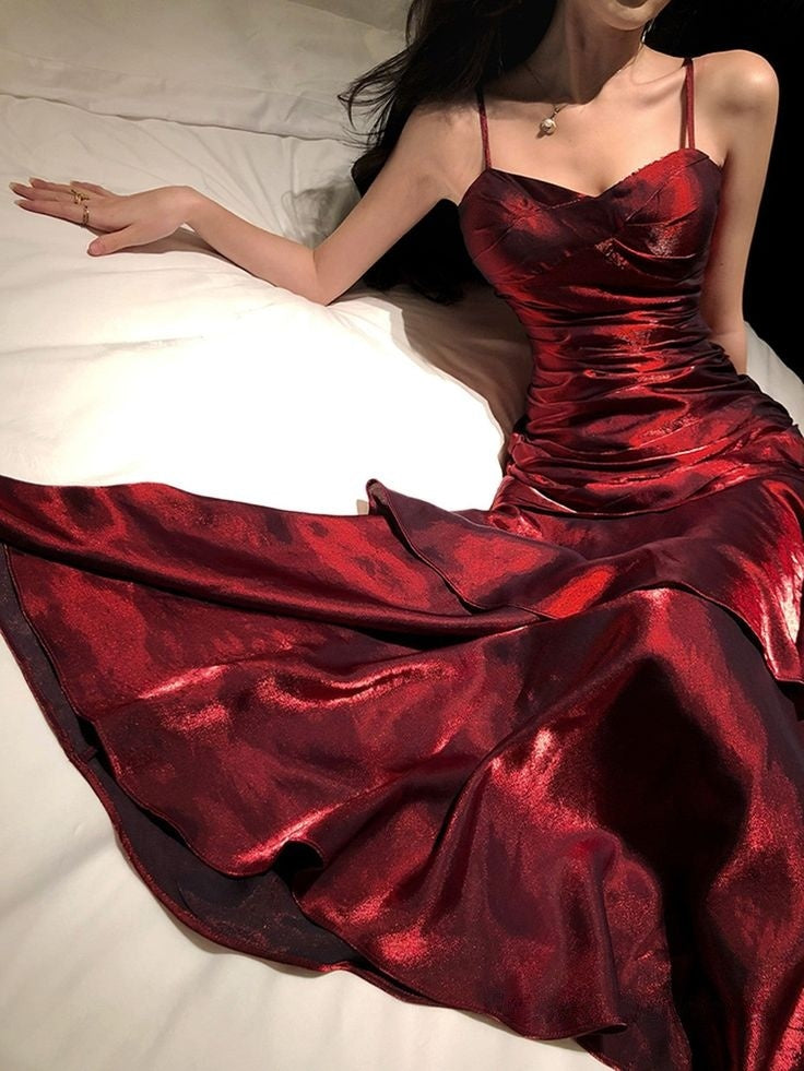 Beautiful Satin Long Mermaid Straps Evening Dress Formal Dress, Wine Red Satin Prom Dress ,LTP4421