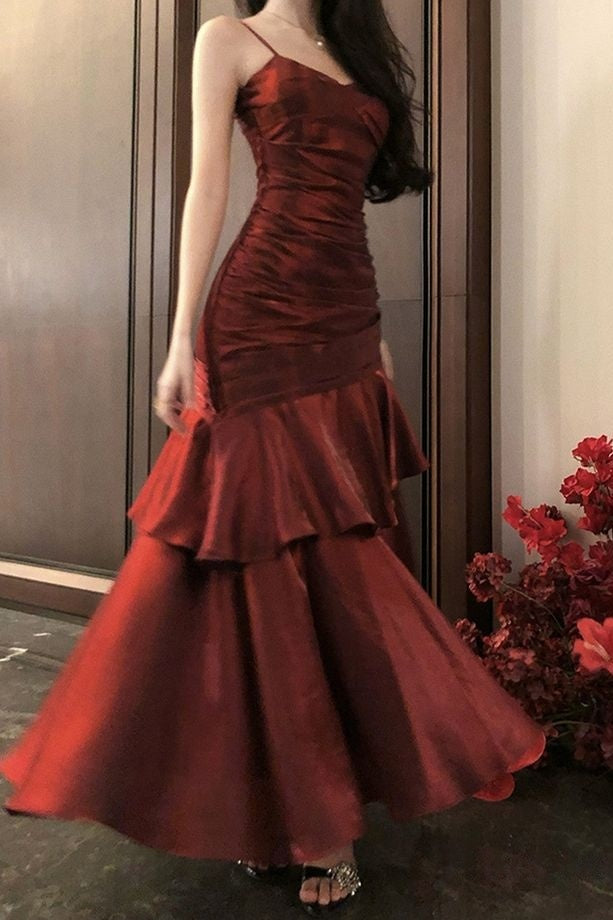 Beautiful Satin Long Mermaid Straps Evening Dress Formal Dress, Wine Red Satin Prom Dress ,LTP4421