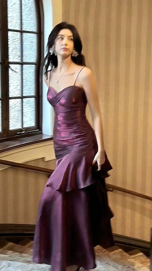 Beautiful Satin Long Mermaid Straps Evening Dress Formal Dress, Wine Red Satin Prom Dress ,LTP4421