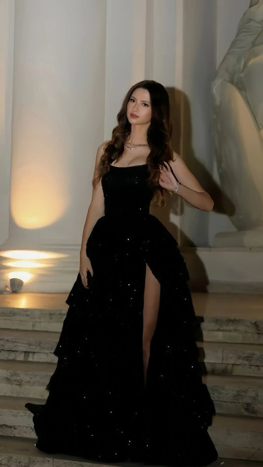 Black A-Line Ruffle Sequin Prom Dresses Sleeveless Graduation Party Dresses,LTP4435