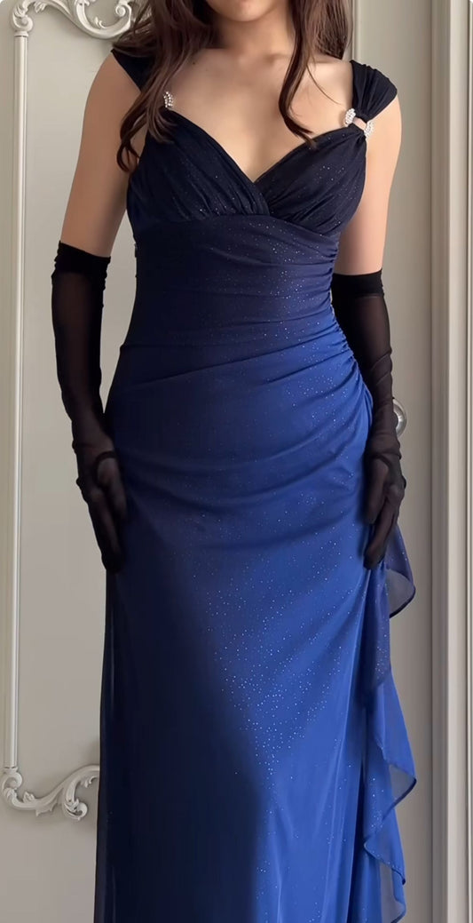 Black Blue Chiffon Shiny Prom Dresses Ruffle Party Evening Gown,LTP4404