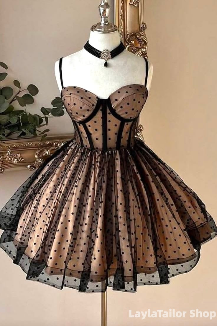Black Champagne Spaghetti Straps Dots Sweetheart Homecoming Dresses