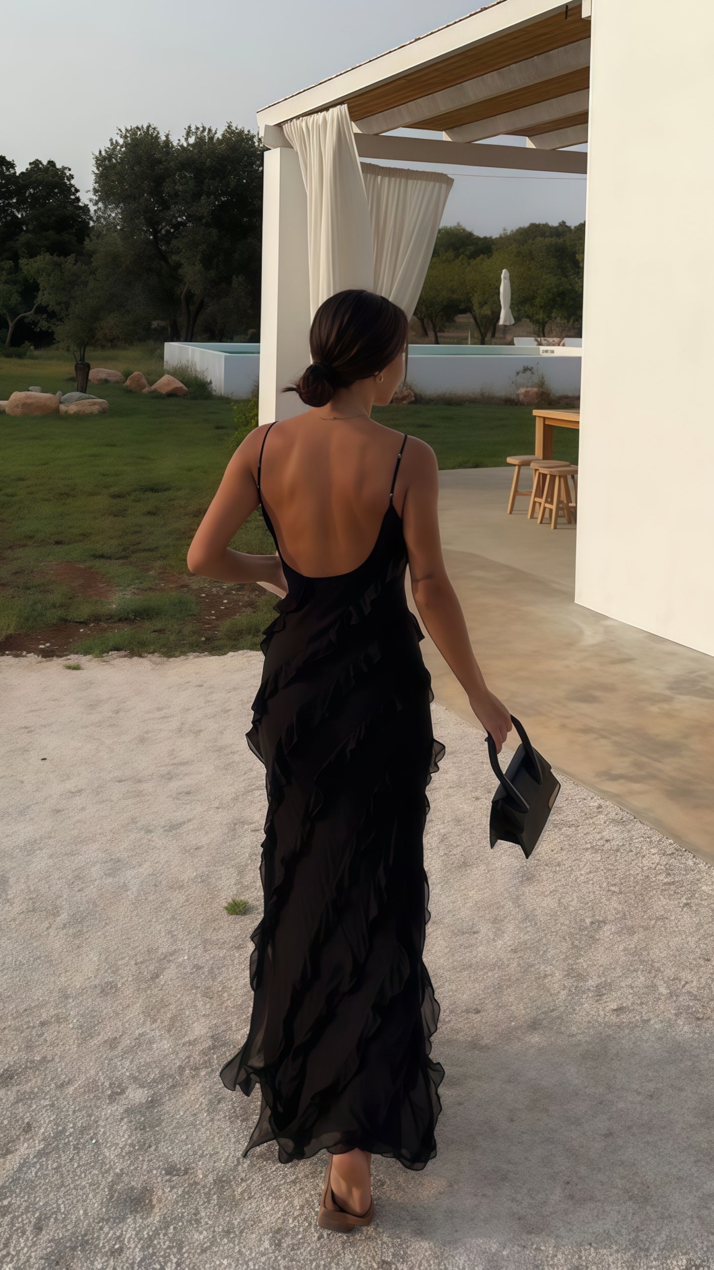 Black Chiffon Ruffle Evening Prom Dresses With Open Back,LTP3426