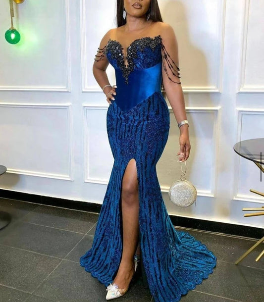Black Girls Applique Beaded Prom Dress Mermaid Velvet Dresses With Side Slit