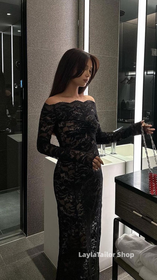 Black Lace Mermaid Prom Dresses Long Sleeves Bodycon Party Dress,LTP4586