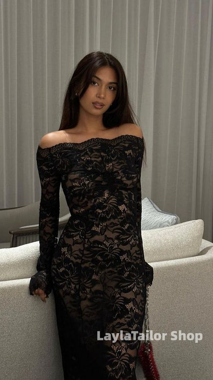 Black Lace Mermaid Prom Dresses Long Sleeves Bodycon Party Dress,LTP4586