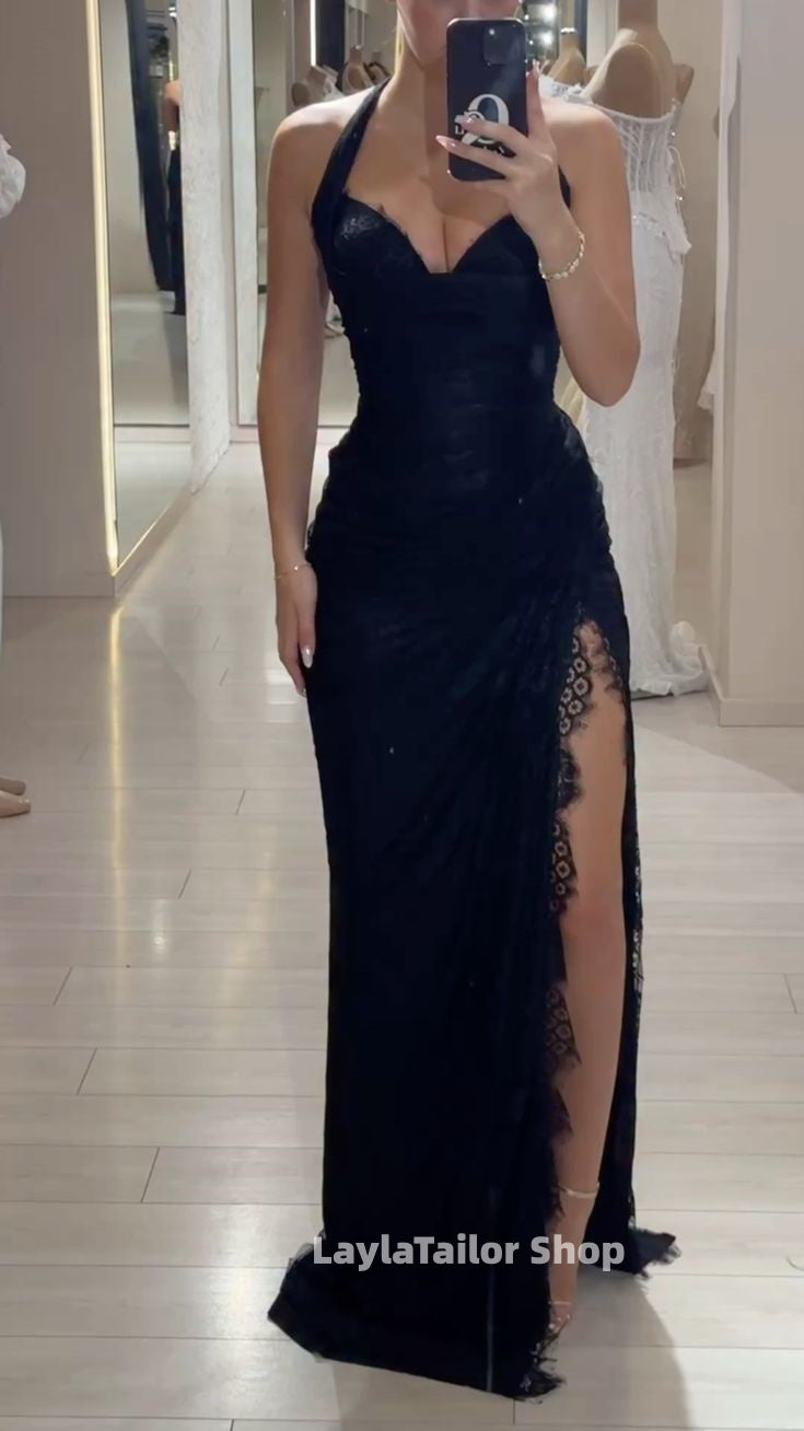 Black Mermaid Lace Prom Dresses Halter Slit Formal Gown,LTP4509