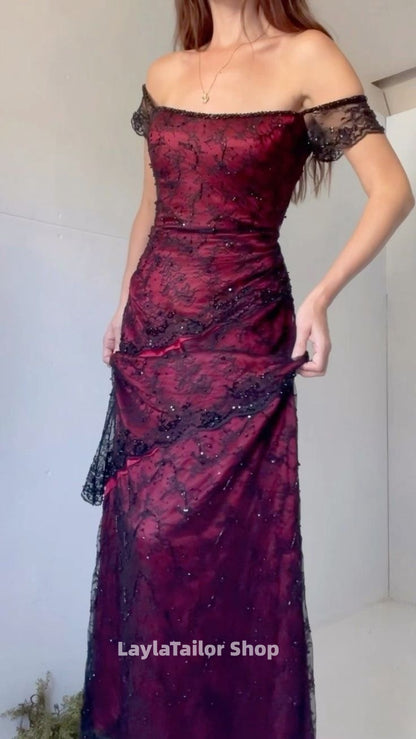 Black Red Lace Beaded Long Prom Dresses Mermaid Evening Party Dress,LTP4470