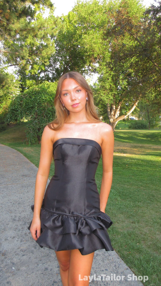 Black Satin Homecoming Dresses Strapless Short Prom Dress LTP82677