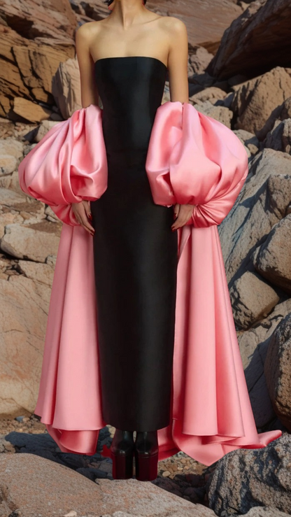 Black Sheath Party Dress, Pink Bubble Sleeves Formal Gown, LTP3463