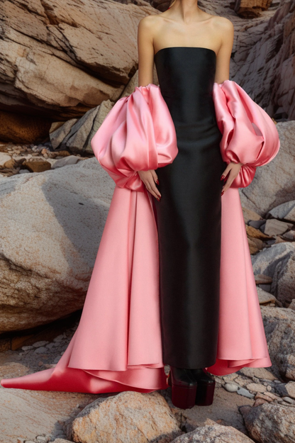 Black Sheath Party Dress, Pink Bubble Sleeves Formal Gown, LTP3463