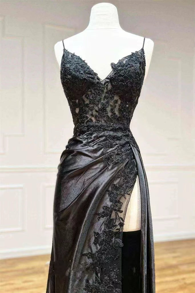 Black Spaghetti Straps Lace Applique Prom Dress With High Split