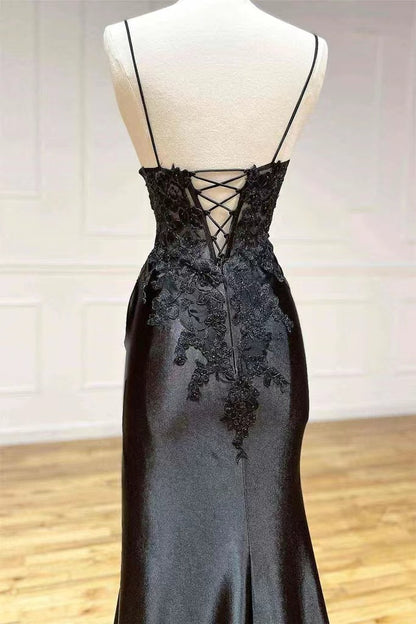 Black Spaghetti Straps Lace Applique Prom Dress With High Split