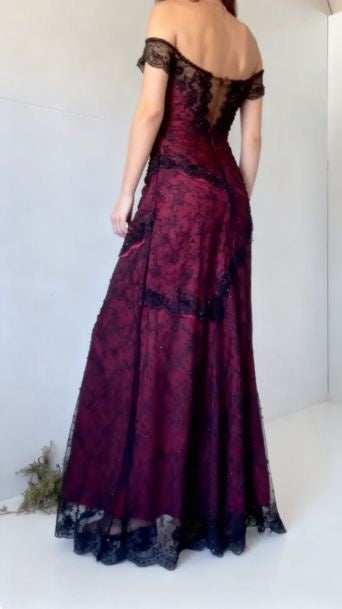 Black Red Lace Beaded Long Prom Dresses Mermaid Evening Party Dress,LTP4470