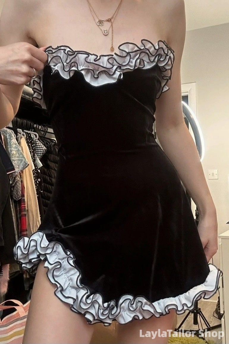 Black Ruffle Strapless Tight Homecoming Dresses Retro Short Formal Outfits