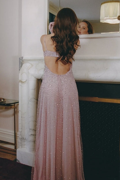 Bling A Line Spaghetti Straps Grey Blue Long Party Dress with Beading