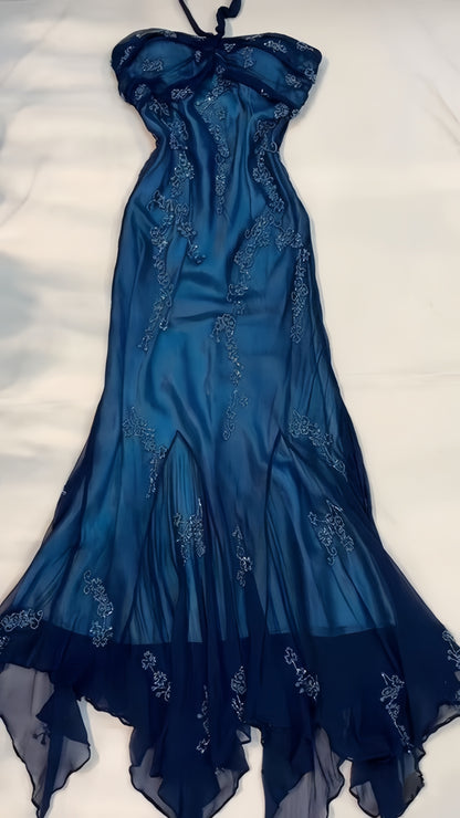 Blue Lace Appliques Chiffon Long Evening Prom Dress,LTP3407