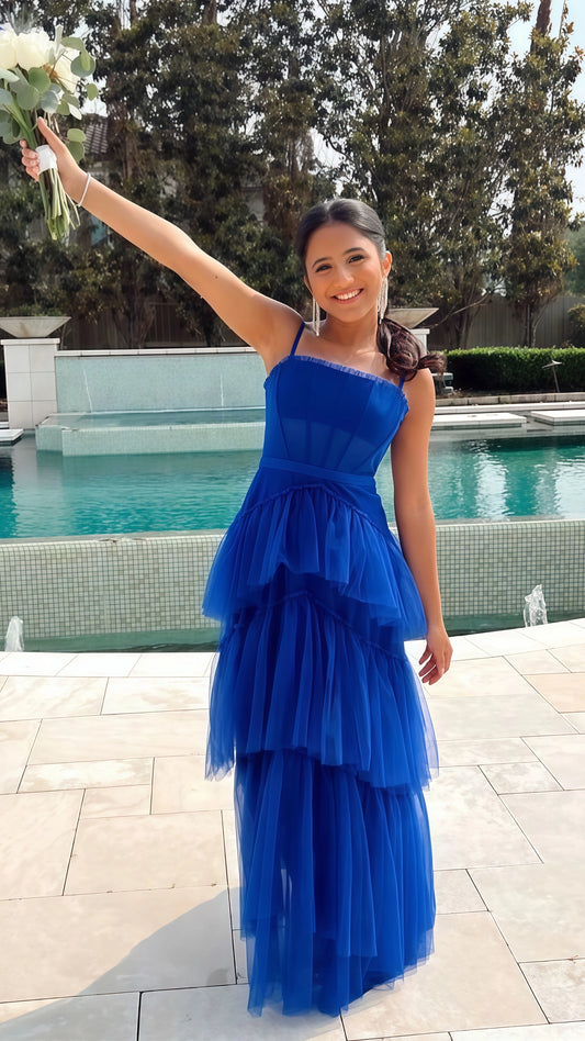 Blue Prom Dresses, Tulle Evening Dress, Ruffle Senior Prom Dress,LTP3532