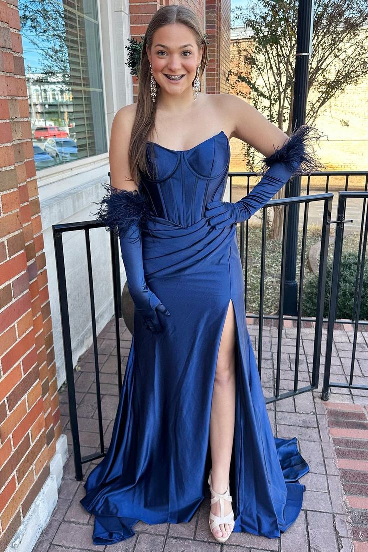 Blue Strapless Long Prom Dresses Sleeveless Mermaid Evening Dresses With Split, LTP2951