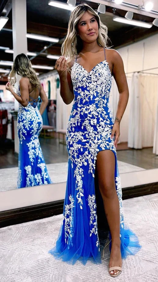 Blue Appliques Mermaid Prom Dresses Split Tulle Evening Graduation Dress,LTP4212