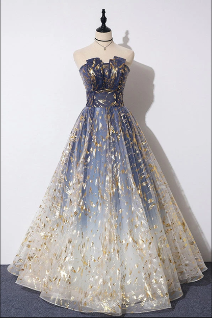 Blue ombre strapless prom dress with gradient design and A-line tulle silhouette