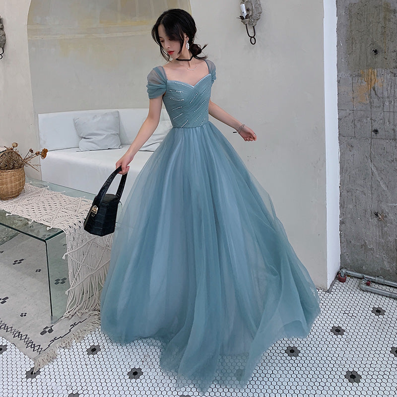 Blue tulle long evening gown full-length view for prom and formal events