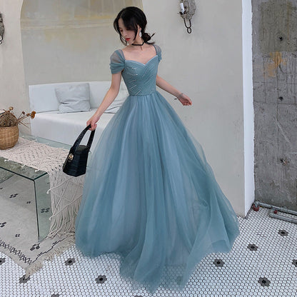 Blue tulle long evening gown full-length view for prom and formal events
