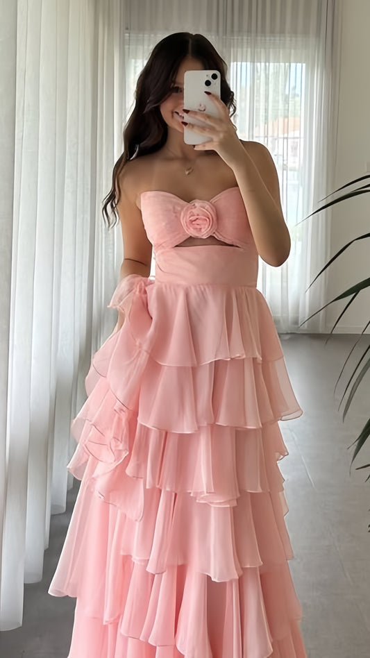 Blush Pink Chiffon Ruffle Evening Prom Dresses, LTP3940