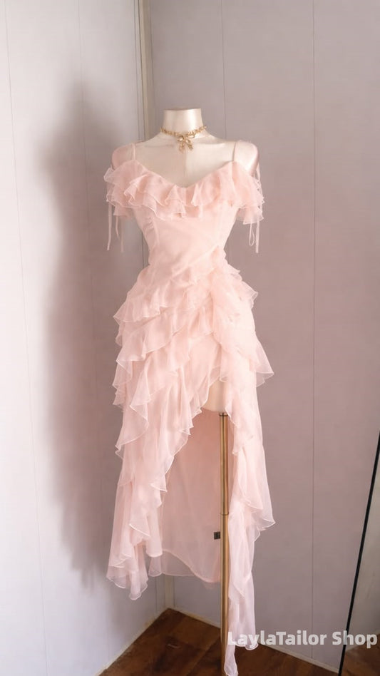 Blush Pink Chiffon Ruffle Homecoming Dresses