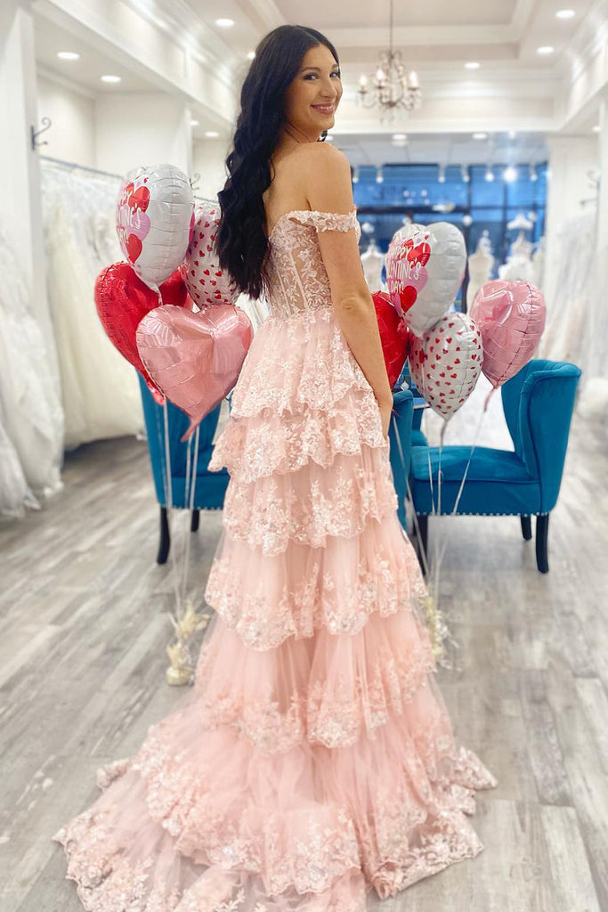 Blush Pink Off The Shoulder Sequin Lace Ruffle Prom Dresses