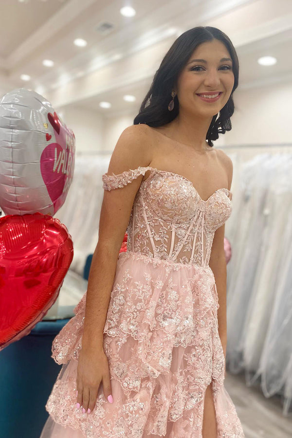 Blush Pink Off The Shoulder Sequin Lace Ruffle Prom Dresses ...