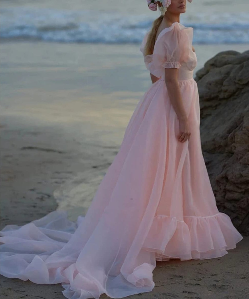 Blush Pink Organza Split Evening Prom Dress