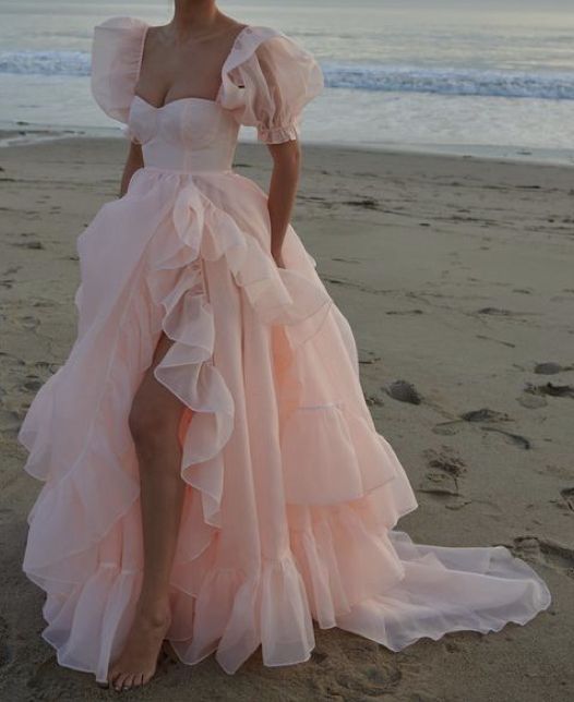 Blush Pink Organza Split Evening Prom Dress