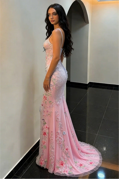 Blush Pink Sparkly Floral Beaded Spaghetti Straps Mermaid Prom Dress