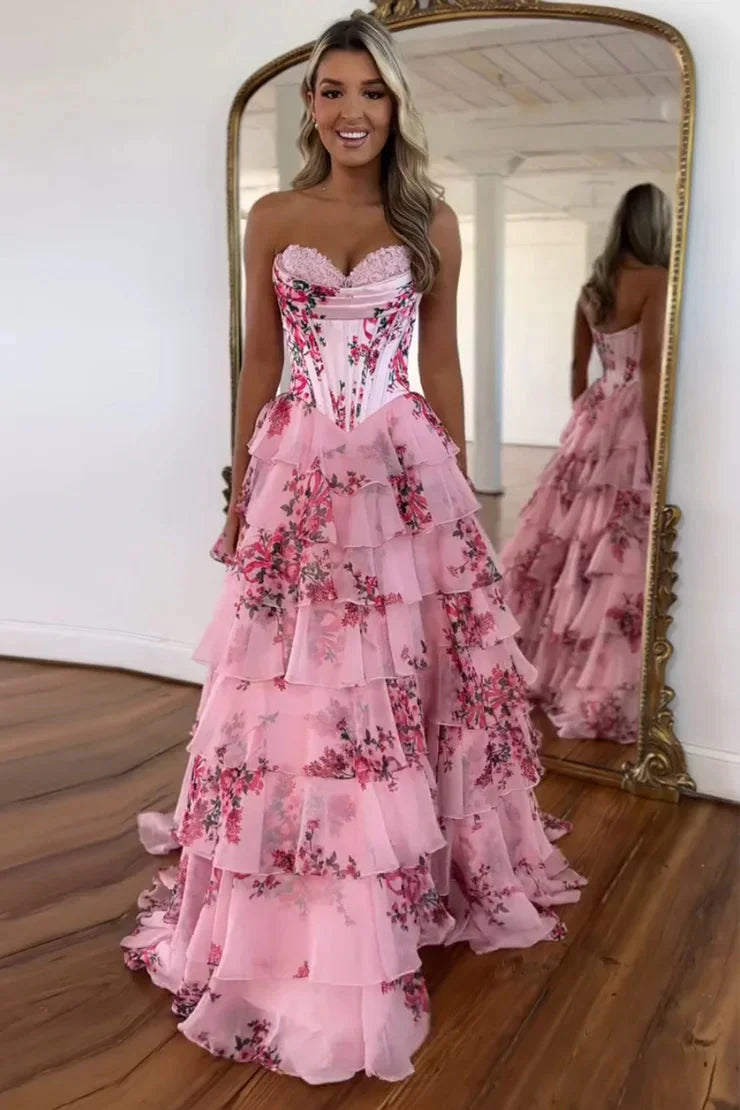 Gorgeous Sweetheart Ball Gown Leopard Print Tiered Prom Dress with Appliques