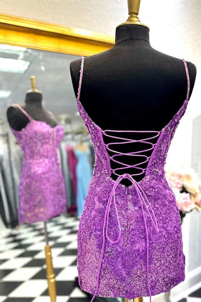 Black Sheath Spaghetti Straps Sequined Lace Mini Party Dresses