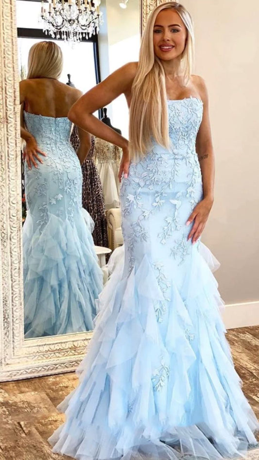 Bodycon Baby Blue Appliques Prom Dresses With Ruffles