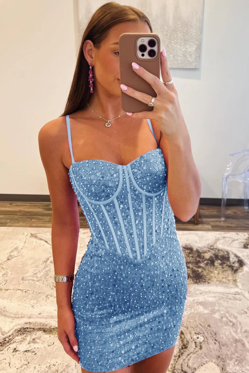 Hot Pink Sheath Sweetheart Neck Sequins Mini Party Dresses