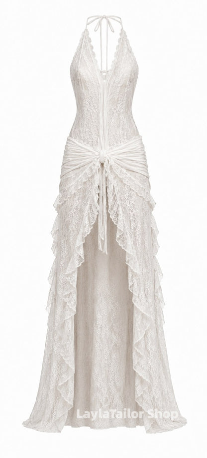 Bohemia White Lace Halter Long Party Dress Sexy Y2k Dresses LTP82614