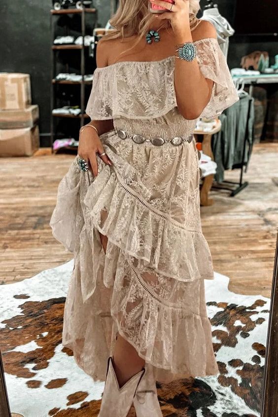 Boho Style Dusty White Lace Party Dress Off The Shoulder Prom Hoco Dress, LTP3295