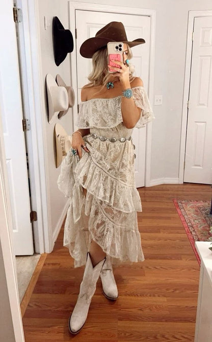 Boho Style Dusty White Lace Party Dress Off The Shoulder Prom Hoco Dress, LTP3295